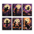 Gothic Twilight Tales mini paint by numbers set: six gothic silhouettes at twilight, including a headless horseman, reaper, flying witch, scarecrow and witches at a cauldron