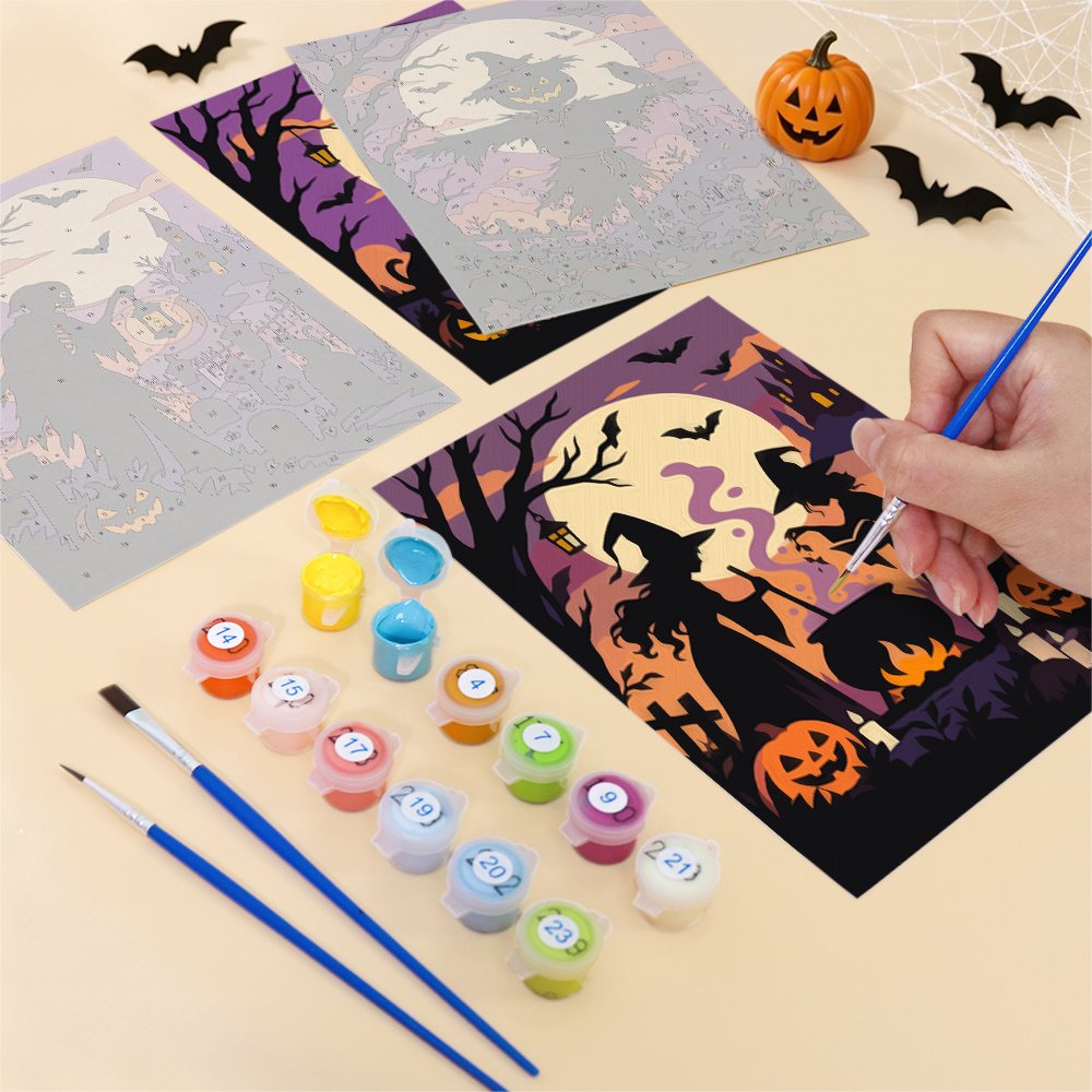 Filling in a Gothic Twilight Tales mini canvas with numbered acrylic paints and a fine brush