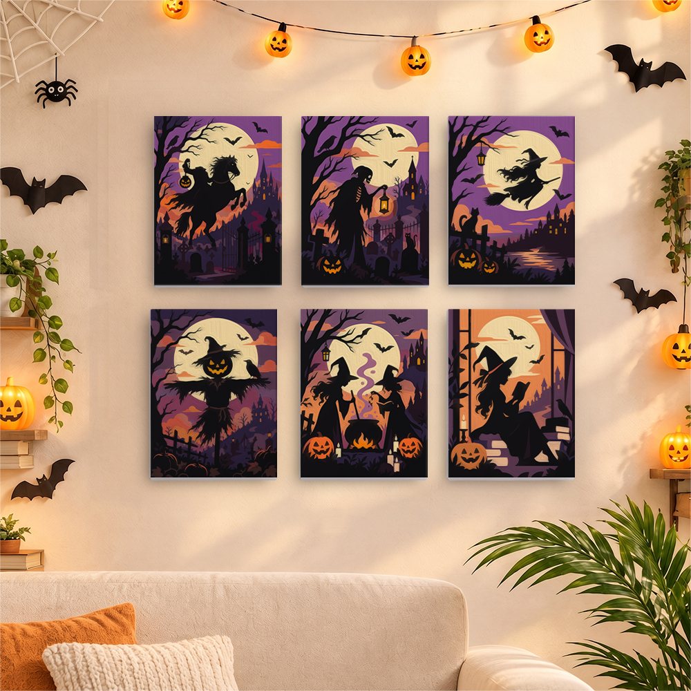 Six finished Gothic Twilight Tales mini paintings hung on a wall above a table