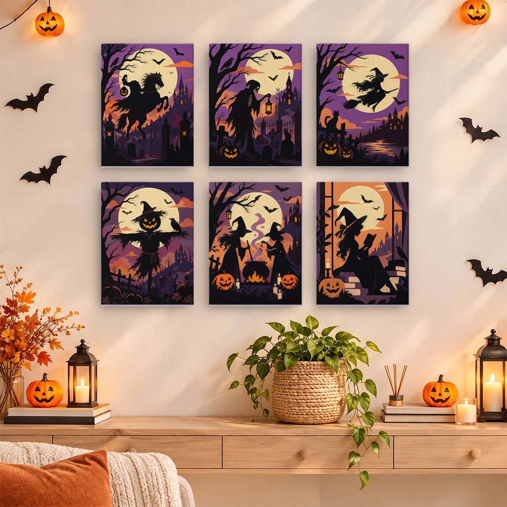 Gothic Twilight Tales mini paintings displayed as a gallery wall in a sunny kitchen