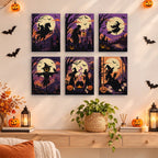 Gothic Twilight Tales mini paintings displayed as a gallery wall in a sunny kitchen