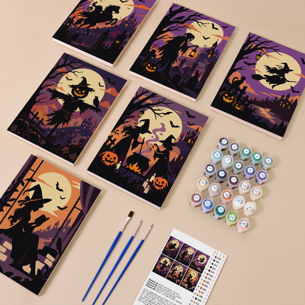 Gothic Twilight Tales mini paint by numbers kit with six numbered canvases, acrylic paints, brushes and layout