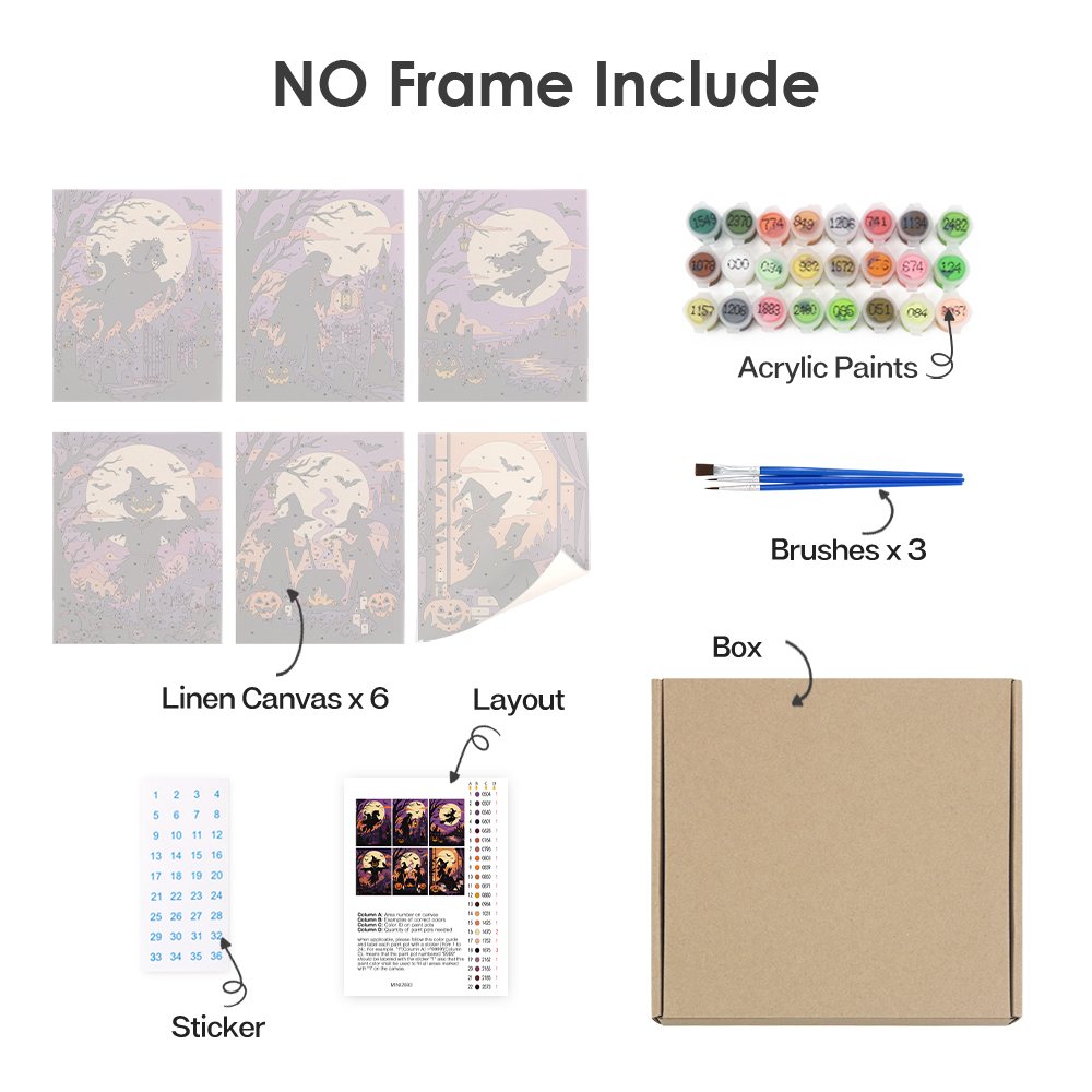 What's included without a frame: six rolled Gothic Twilight Tales mini canvases, acrylic paints, three brushes and layout