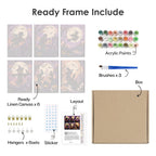 What's included pre-stretched on frame: six framed Gothic Twilight Tales mini canvases, paints, three brushes, hangers and layout