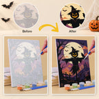 Before and after of a Gothic Twilight Tales mini paint by numbers canvas