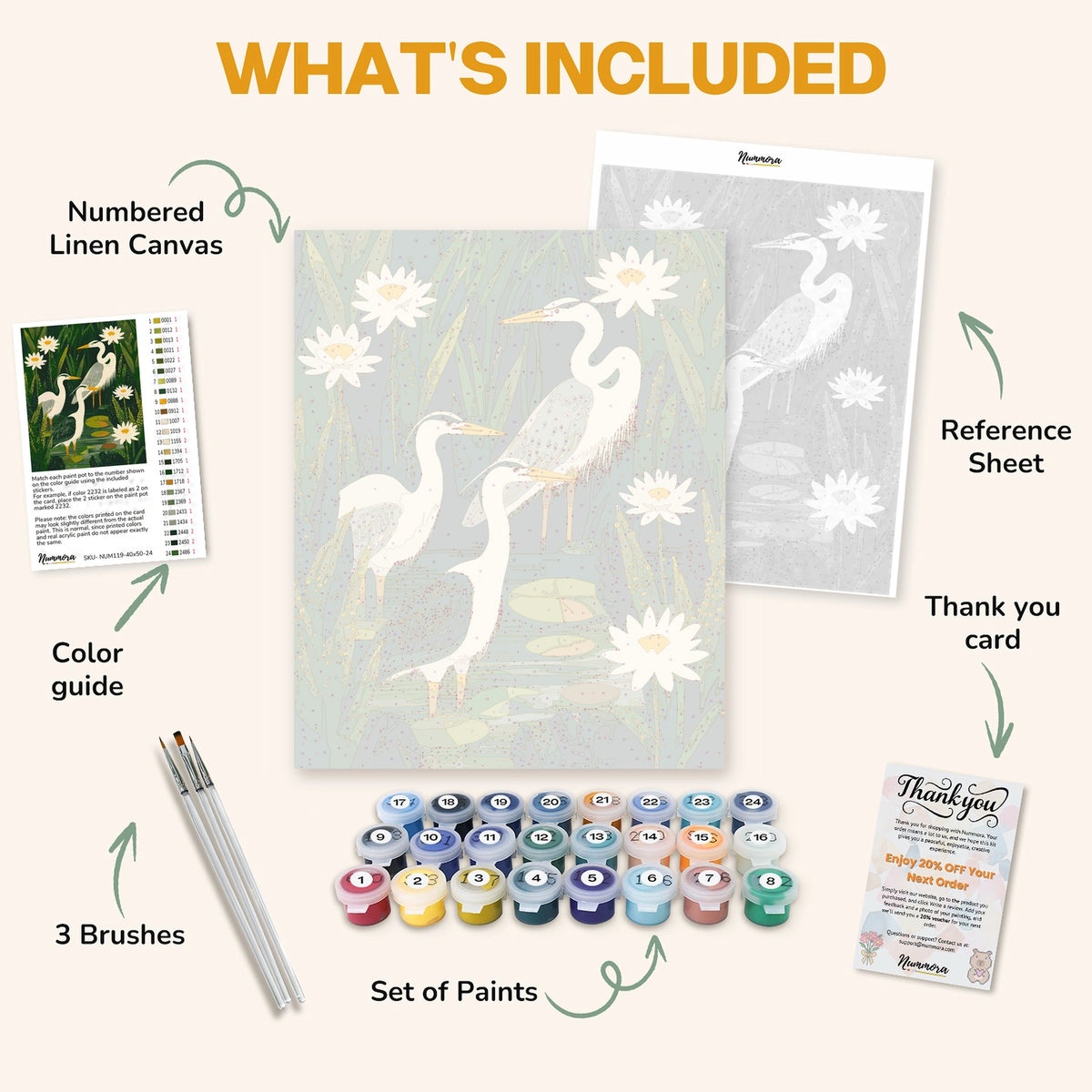 What's included in the Grace of the Marsh paint by numbers kit: numbered linen canvas, reference sheet, color guide, 24 acrylic paints, 3 brushes and thank you card