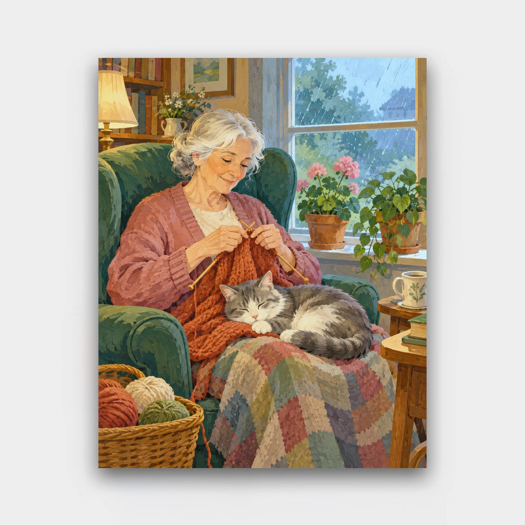 Grandma's Rainy Day paint by numbers kit of a grandmother knitting in an armchair by a rainy window with a cat asleep on her lap