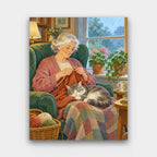 Grandma's Rainy Day paint by numbers kit of a grandmother knitting in an armchair by a rainy window with a cat asleep on her lap