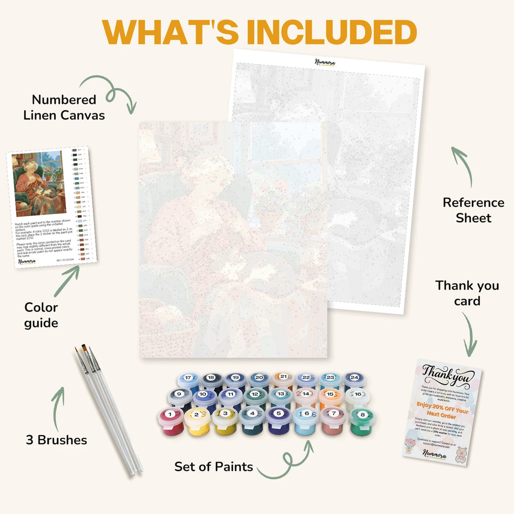 What's included in the Grandma's Rainy Day paint by numbers kit: numbered linen canvas, reference sheet, color guide, 24 acrylic paints, 3 brushes and thank you card