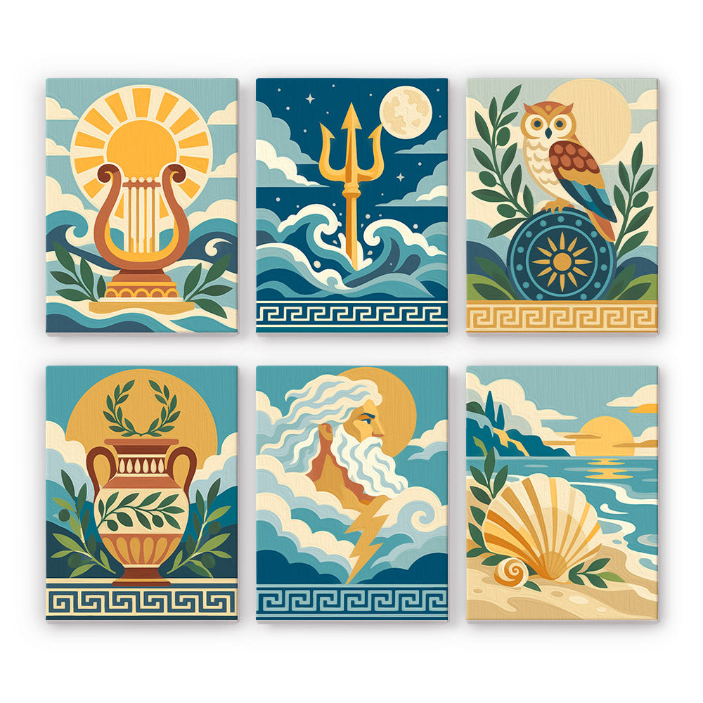 Greek Myths mini paint by numbers set: six mythology designs, including a lyre, a trident, an owl, an amphora, a sky god and a seashell