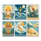 Greek Myths mini paint by numbers set: six mythology designs, including a lyre, a trident, an owl, an amphora, a sky god and a seashell