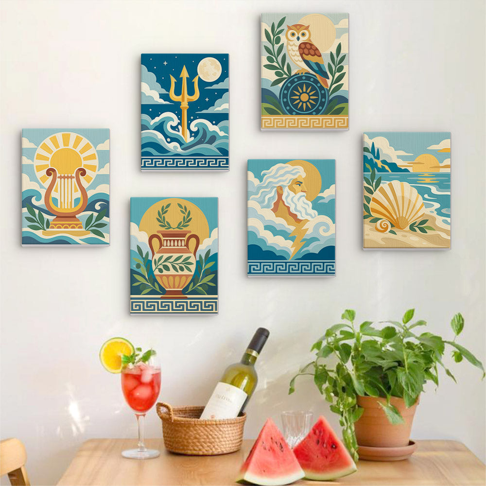 Six finished Greek Myths mini paintings hung on a wall above a table