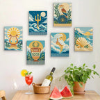 Six finished Greek Myths mini paintings hung on a wall above a table