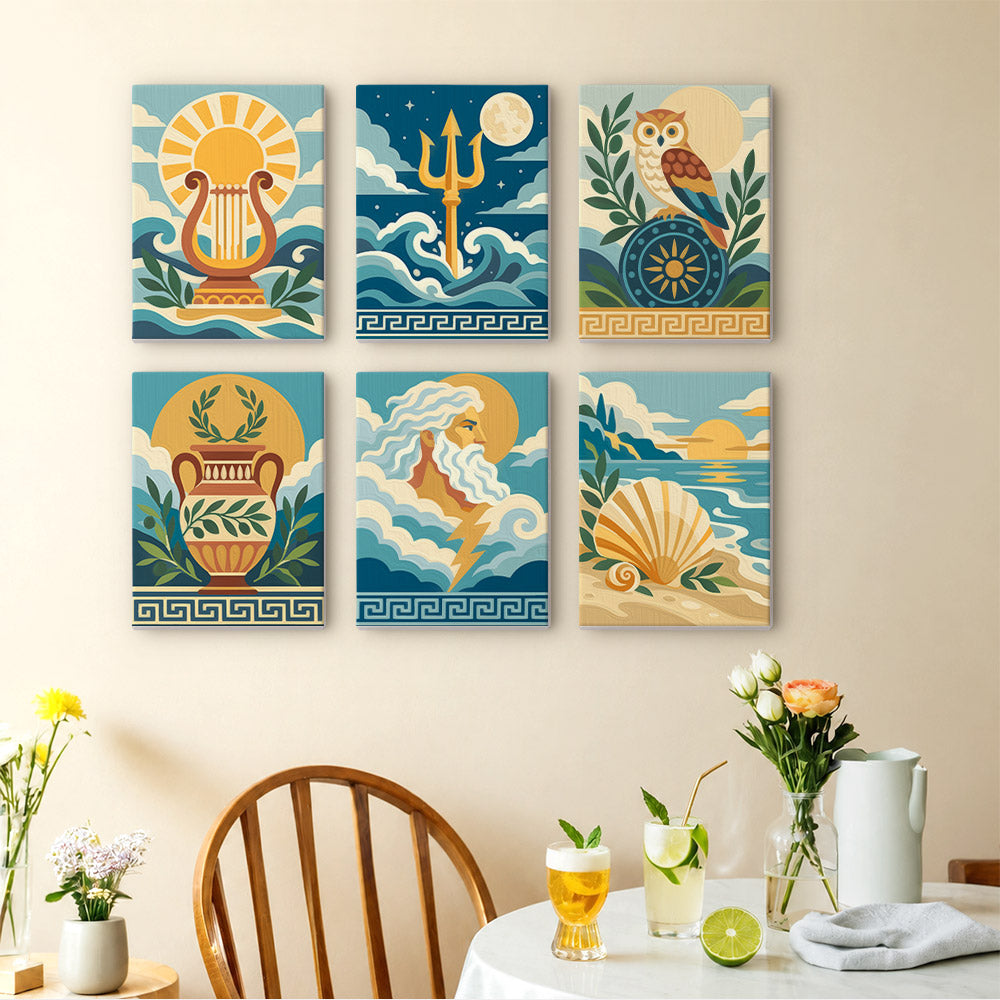 Greek Myths mini paintings displayed as a gallery wall in a sunny kitchen