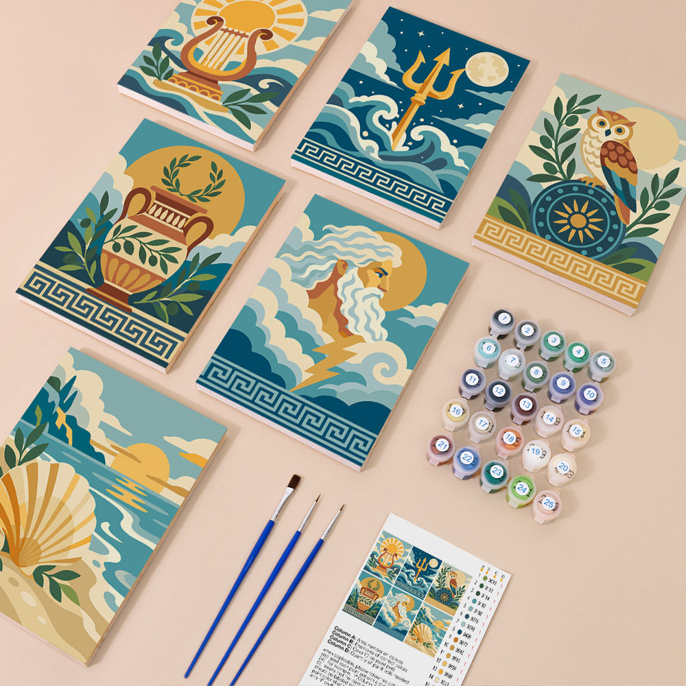 Greek Myths mini paint by numbers kit with six numbered canvases, acrylic paints, brushes and layout