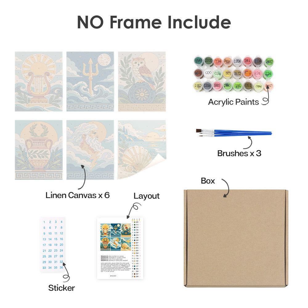 What's included without a frame: six rolled Greek Myths mini canvases, acrylic paints, three brushes and layout