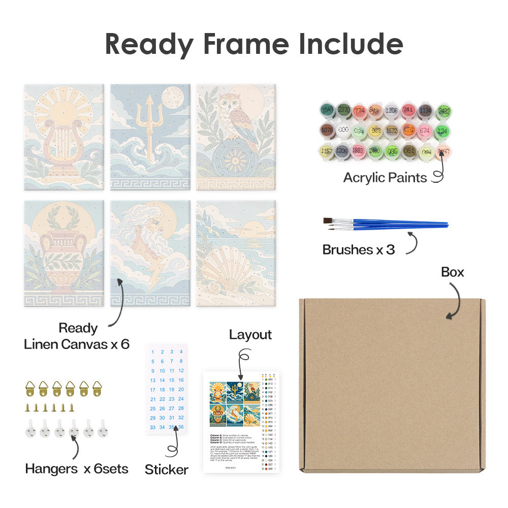What's included pre-stretched on frame: six framed Greek Myths mini canvases, paints, three brushes, hangers and layout