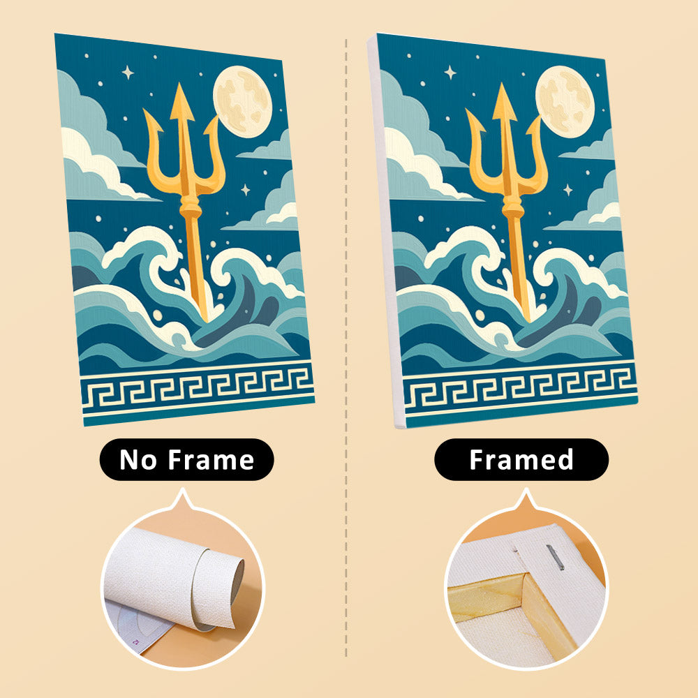 Greek Myths mini canvas shown rolled without a frame and pre-stretched on a frame
