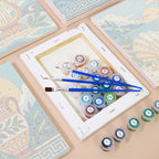 Numbered paint pots and brushes on a pre-stretched Greek Myths mini canvas
