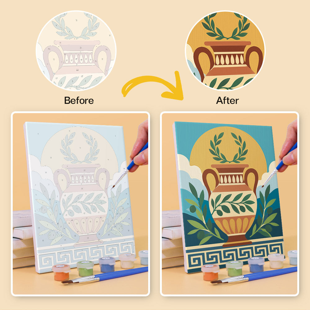 Before and after of a Greek Myths mini paint by numbers canvas
