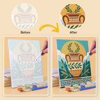 Before and after of a Greek Myths mini paint by numbers canvas