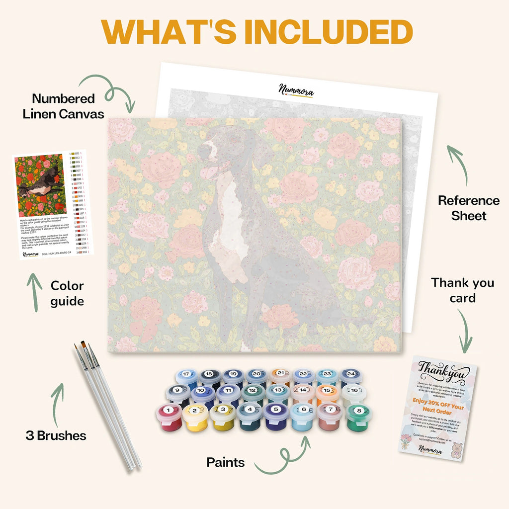 What's included in the Greyhound in a Rose Garden paint by numbers kit: numbered linen canvas, reference sheet, color guide, 24 acrylic paints, 3 brushes and thank you card