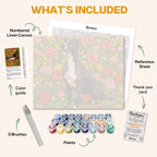 What's included in the Greyhound in a Rose Garden paint by numbers kit: numbered linen canvas, reference sheet, color guide, 24 acrylic paints, 3 brushes and thank you card