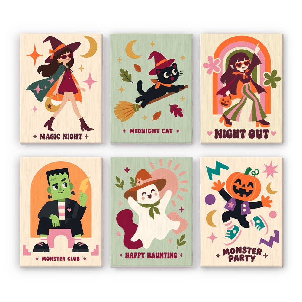 Groovy Monster Club mini paint by numbers set: six retro Halloween prints labeled Magic Night, Midnight Cat, Night Out, Monster Club, Happy Haunting and Monster Party