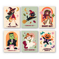 Groovy Monster Club mini paint by numbers set: six retro Halloween prints labeled Magic Night, Midnight Cat, Night Out, Monster Club, Happy Haunting and Monster Party