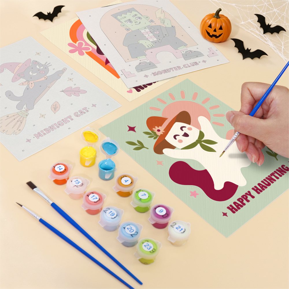 Filling in a Groovy Monster Club mini canvas with numbered acrylic paints and a fine brush