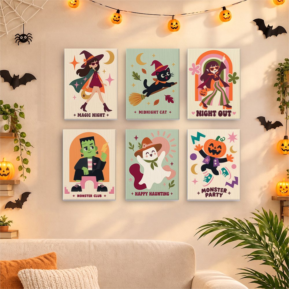Six finished Groovy Monster Club mini paintings hung on a wall above a table
