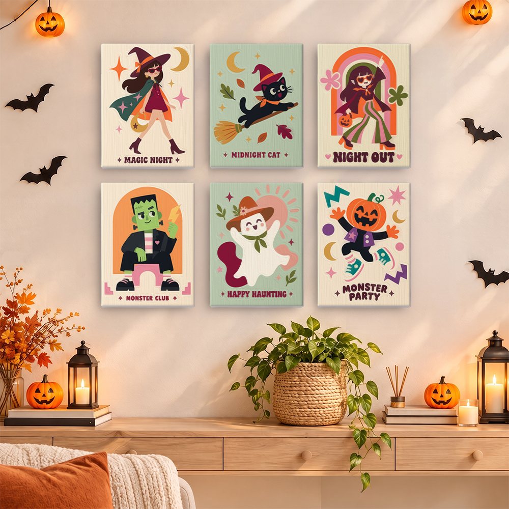 Groovy Monster Club mini paintings displayed as a gallery wall in a sunny kitchen