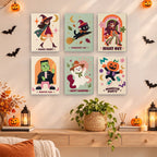 Groovy Monster Club mini paintings displayed as a gallery wall in a sunny kitchen