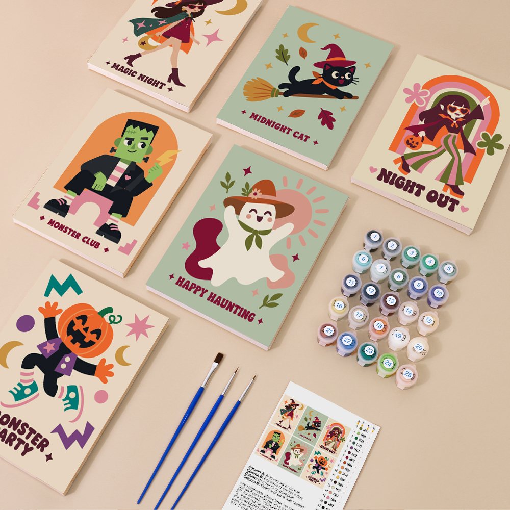 Groovy Monster Club mini paint by numbers kit with six numbered canvases, acrylic paints, brushes and layout