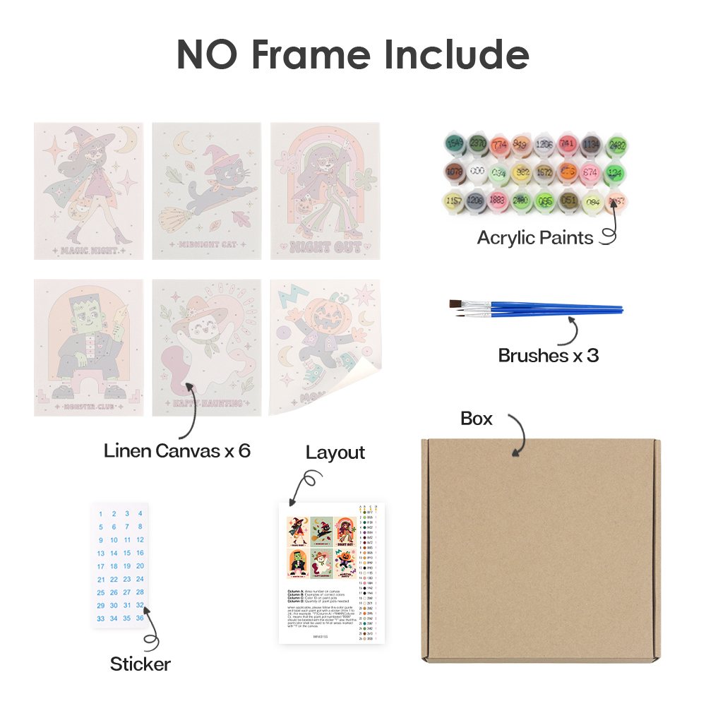 What's included without a frame: six rolled Groovy Monster Club mini canvases, acrylic paints, three brushes and layout