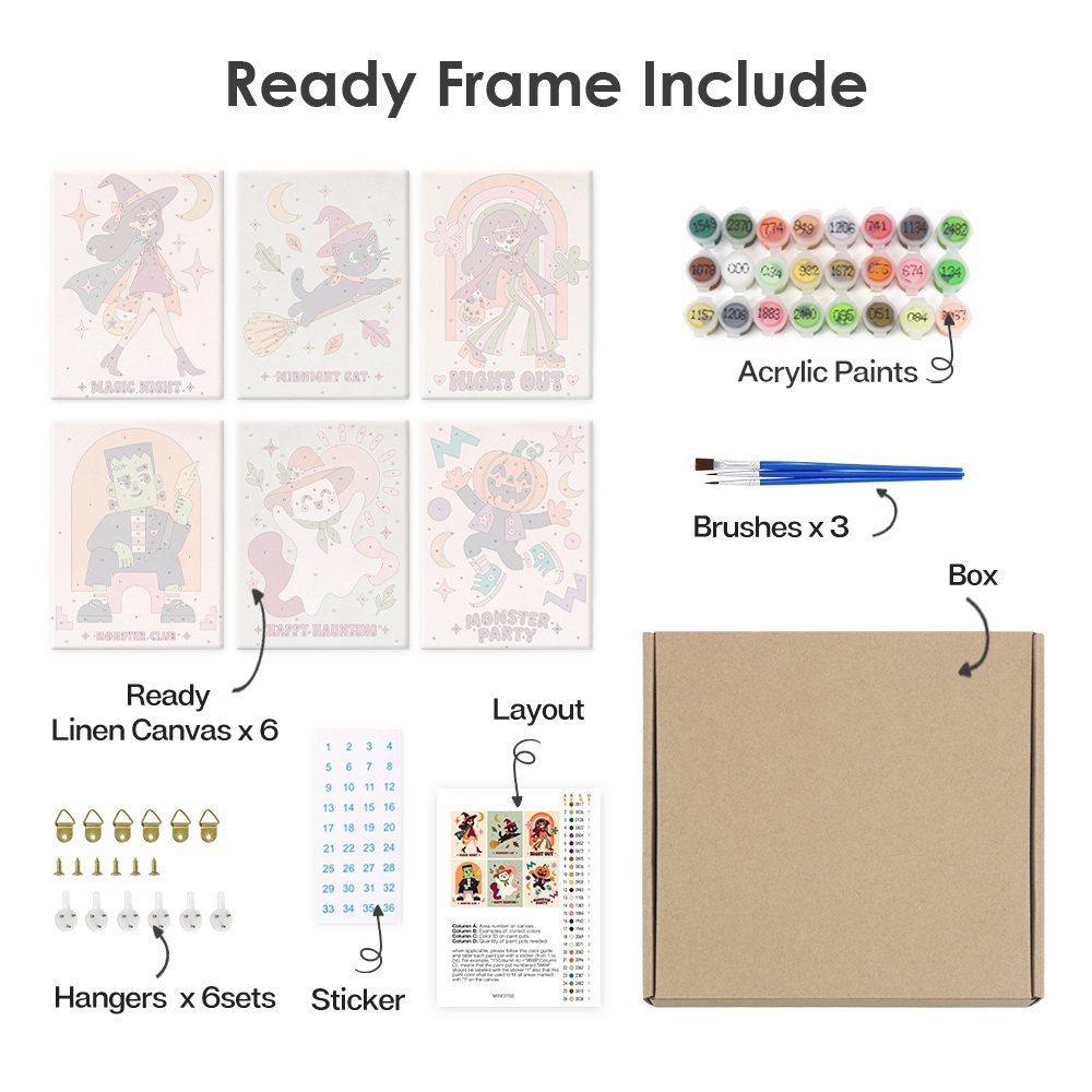 What's included pre-stretched on frame: six framed Groovy Monster Club mini canvases, paints, three brushes, hangers and layout