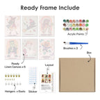 What's included pre-stretched on frame: six framed Groovy Monster Club mini canvases, paints, three brushes, hangers and layout