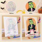 Before and after of a Groovy Monster Club mini paint by numbers canvas