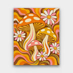 Groovy Mushrooms paint by numbers kit of retro 1970s mushrooms and daisies with wavy lines in orange, mustard and pink