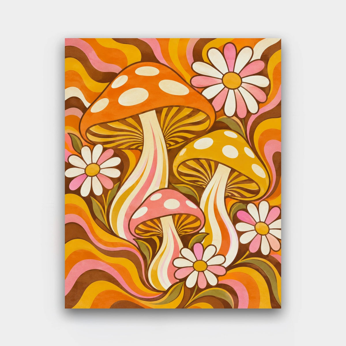 Groovy Mushrooms paint by numbers kit of retro 1970s mushrooms and daisies with wavy lines in orange, mustard and pink
