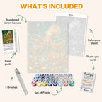 What's included in the Guardian of the Ocean paint by numbers kit: numbered linen canvas, reference sheet, color guide, 24 acrylic paints, 3 brushes and thank you card