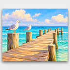 Gulls on the Pier paint by numbers kit of a wooden pier over turquoise water with two seagulls on the posts