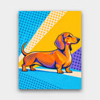 Halftone Dachshund paint by numbers kit of an orange dachshund in profile with halftone dots on yellow, blue and purple