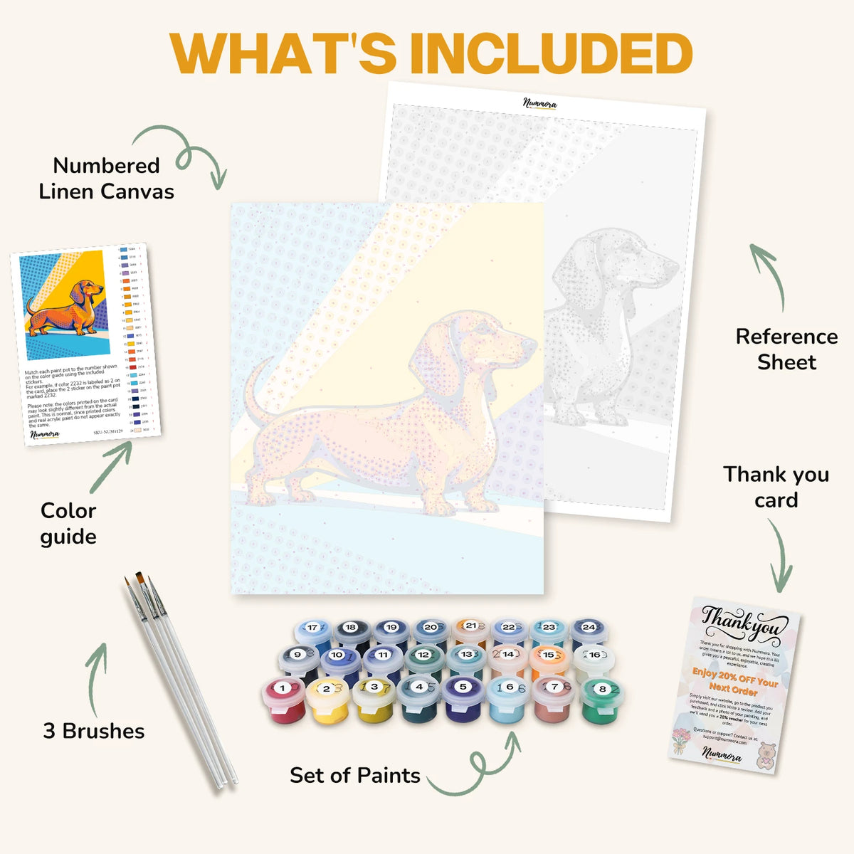 What's included in the Halftone Dachshund paint by numbers kit: numbered linen canvas, reference sheet, color guide, 24 acrylic paints, 3 brushes and thank you card
