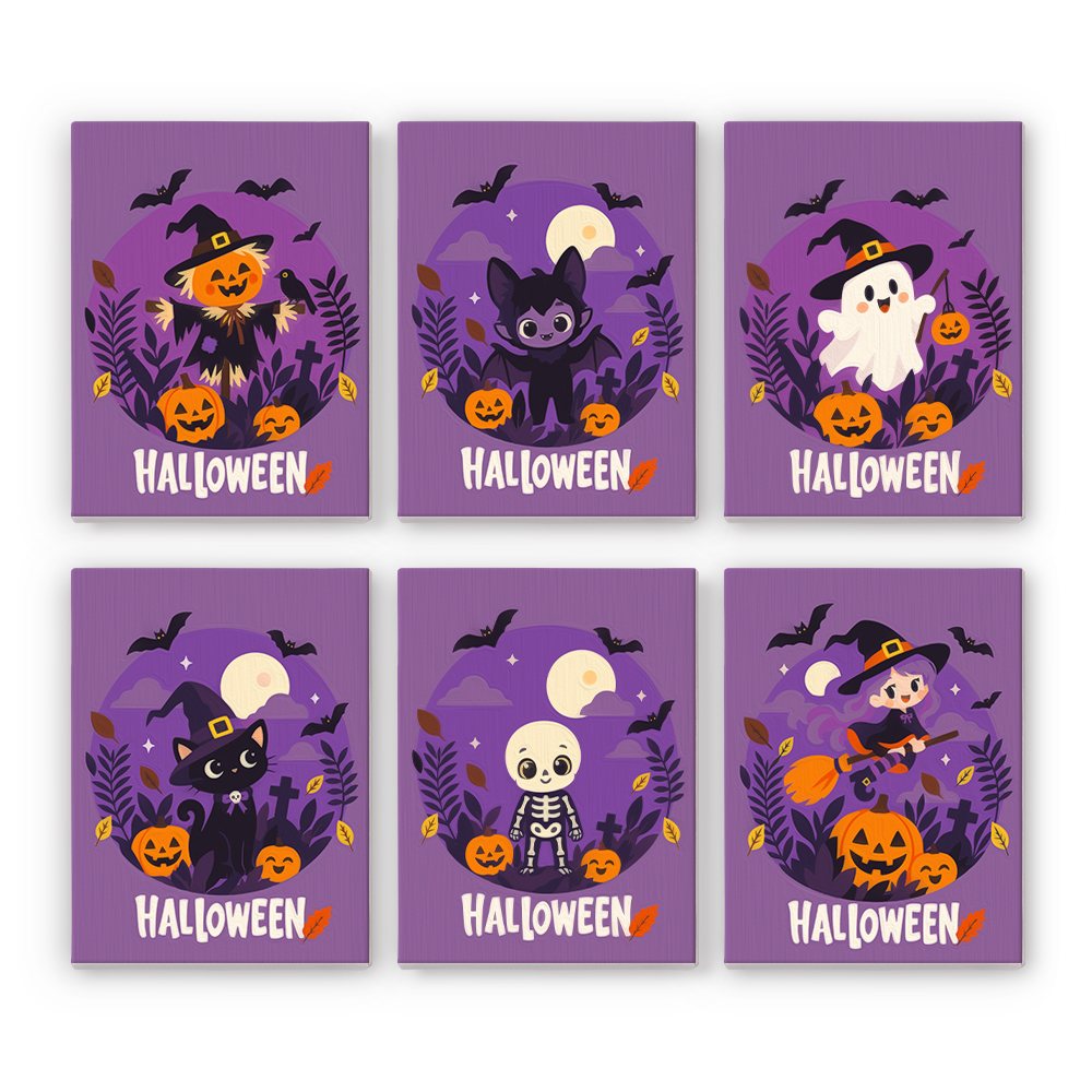 Halloween Banner Friends mini paint by numbers set: six cute characters above Halloween lettering, including a scarecrow, black cats, a ghost, a skeleton and a little witch
