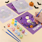 Filling in a Halloween Banner Friends mini canvas with numbered acrylic paints and a fine brush