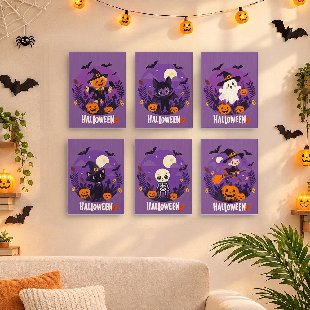 Six finished Halloween Banner Friends mini paintings hung on a wall above a table
