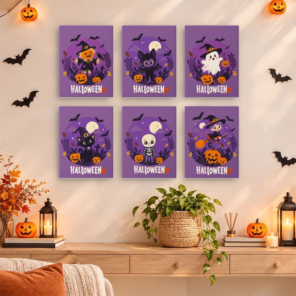 Halloween Banner Friends mini paintings displayed as a gallery wall in a sunny kitchen