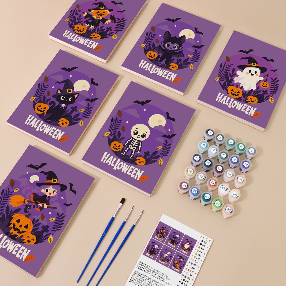 Halloween Banner Friends mini paint by numbers kit with six numbered canvases, acrylic paints, brushes and layout