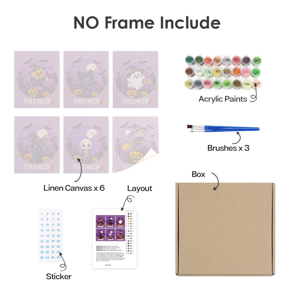 What's included without a frame: six rolled Halloween Banner Friends mini canvases, acrylic paints, three brushes and layout